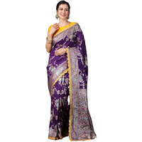 Satrani Women's Silk Blend Banarasi Jacquard Saree With Unstitched Blouse Piece (3800S305N_Deep Purple)