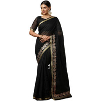 Satrani Women's Kota Doriya Zari Stripe Border And Gota Work Saree With Unstitched Blouse Piece (3893S112N_Black)