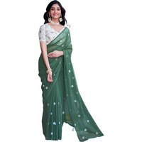 Satrani Women's Georgette Embroidery Saree With Unstitched Blouse Piece (3607S127N_Dusty Green)