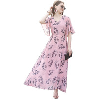 Smowkly Women's Georgette Floral Printed Indo-Western Ethnic Gown || Half Sleeve V Neck Fit & Flare Flared Hem Design || Casual Wear A-Line Maxi Dress (1330_Pch_M) Peach