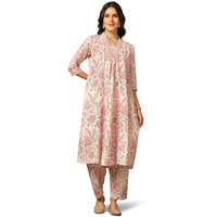 Greciilooks Women Semi Cotton Floral Alia Cut Regular Fit Kurta Set (Off White, X-Large)