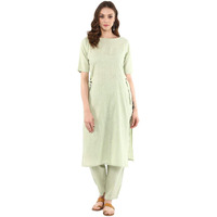 Idalia Sage Green Solid Straight Kurta Set For Women 3/4 Sleeve, Round V Neck Designer Kurta With Pant