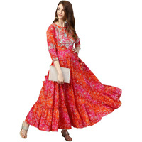 Ishin Women's Viscose Rayon Anarkali Embellished Kurta Kpram-6072_L_Red & Orange