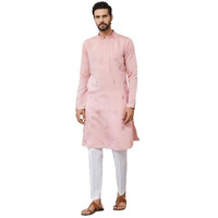 See Designs Men's Long Sleeve Mandarin Collar Side Slit Pale Rose Embroidered Chanderi Silk Straight Kurta With Pyjama - Sdkt257701Xs