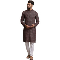 Sojanya (Since 1958 Men's Cotton Black & Peach Print Kurta & White Churidar Pyjama Set