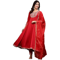 Stylum Women's Solid & Embroidered Rayon Anarkali Kurta Pant Dupatta Set (Kpdredqueen40_Red, L)