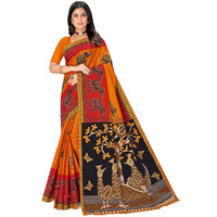 Tamaira Fashion Women's Elephant Printed Pure Cotton Mulmul Saree Without Blouse Piece(11611_Mustard&Red)