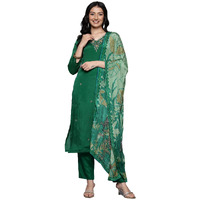 Varanga Women Green V-Neck Dabka And Cutdana Work Straight Kurta Paired With Bottom And Embroidered Dupatta