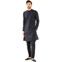 See Designs Men Full Sleeve Mandarin Collar Side Slit Black Cotton Solid Straight Kurta With Matching Pyjama - Sdkt2411-15Xxl