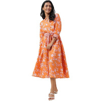 Fabindia Women's Orange Rayon Blend Hand Block Printed Midi Dress Calf Length 1030679Orange