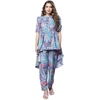 Greciilooks Women Rayon Floral Standard Length Stylish Kurta Ethnic | Half Sleeve Co-Ord Set (Gl-W1936&Tr958_Grey_Xl)