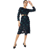 Campus Sutra Women's Green & Blue Cutout Fringe Dress For Casual Wear | Long Sleeve | Midi Length | Dress Crafted With Comfort Fit And High Performance For Everyday Wear
