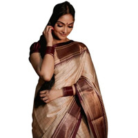 Flosive Women's Present Banarasi Soft Lichi Silk Saree Beautiful Jacquard Rich Pallu Design Work Zari Woven Kanjivaram Silk Style Saree With Soft Lichi Silk Blouse Piece Ayn Royal Cream Chex & Maroon