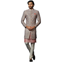 Kisah Men's Grey And Pink Indo-Western Kurta Sherwani Churidar Set Cotton Full Sleaves, Knee Length, Straight, Regular Fit, Mandarin Collar Ethnic Wear