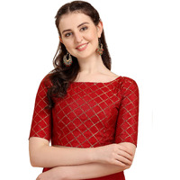 Oomph! Women's Indian Ethnic Wear Designer Checked Pattern Zari Work Boat Neck Half Sleeve Red Color Jacquard Readymade Blouse For Saree Or Lehnga And Fusion Twist. Xl