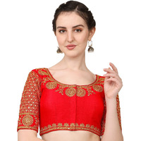 Pujia Mills Women's Phantom Silk Morpankh Half Sleeve Saree Blouse (Morpankh_Red_38 Size+Margin)