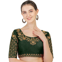 Pujia Mills Women's Phantom Silk Floral Half Sleeve Saree Blouse (Floral Blouse Variation_Green_38 Size+Margin)