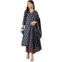 Shienzy Cotton Blend V Neck Kurta Pant Set With Dupatta For Women | Women Kurta Pant Sets With Dupatta (1607-1608) (Blue, Xxl)