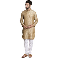 Sojanya (Since 1958 Men's Silk Blend Beige Self Design Kurta And White Churidar Pyjama Set