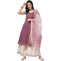 Stylum Women's Lehariya Printed Cotton Straight Kurta Sharara Dupatta Set (Ksdwinesurma38_Wine, M)