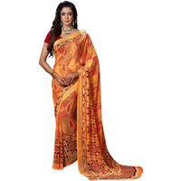 Ishin Women's Georgette Orange Printed Saree With Blouse Piece