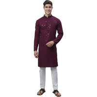 Jompers Men's Chikankari Embroidered And Sequence Kurta With Pyjama (Purple, M)