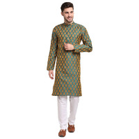 Jompers Men Green Jacquard Woven Design Kurta Pyjama. (Green, Xl)