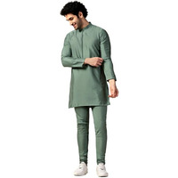Kisah Men's Kurta Churidar Set, Green Cotton Blend, Solid Regular Fit Long Sleeves Mandarin Collar (42)