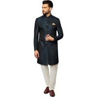 Kisah Men's Indo-Western Sherwani Churidar Set, Navy Blue Cotton, Jacquard Regular Fit Mandarin Collar Long Sleeves (S)