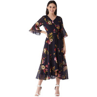 Miss Chase Women's Multicolored- Base- Navy Blue V Neck 3/4Th Sleeve Floral Ruffled Maxi Dress (Mcaw21D06-13-224-05,Multicolored- Base- Navy Blue,L)