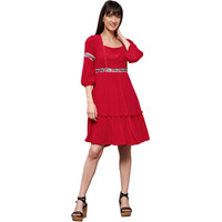 Miss Chase Women's Red Square Neck Bishop Sleeve Viscose Rayon Solid Gathered Midi Dress (Mcss22D16-07-64-03, Red, S)