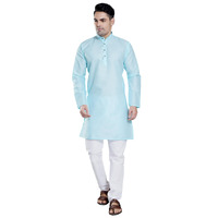 Divisive Men's Plain Cotton Blend Linen Slim Fit Kurta Pyjama Set (Dkrt74_S_Lt Turquoise)