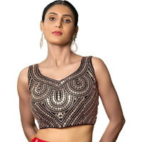 Pujia Mills Fancy Women's Foil Mirror And Thread Zari Work Sweetheart Neck Silk Sleeveless Blouse (Pc Bindi Foil Parent) (Black, 38)