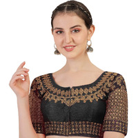 Pujia Mills Women's Phantom Silk Floral Half Sleeve Saree Blouse (Jali Blouse Variation_Black_38 Size+Margin)