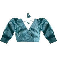 Pujia Mills Women's Rafale Silk Full Balloon Sleeve V Neck Blouse(Gangu) (Sea Green, 36)