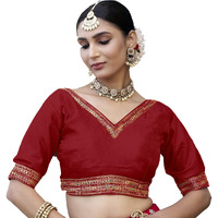 Pujia Mills Women's Milan Silk Readymade Wine Blouse Half Sleeves Embroidery Aari Work Saree Choli