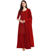 Fashion Basket Women's Georgette Red Kurta With Sharara And Dupatta Set