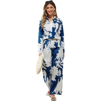 Gufrina Women's Abstract Print Co-Ords Set - Long Sleeve Open Collar Shirt And Wide-Leg Pants Ensemble (Black L)
