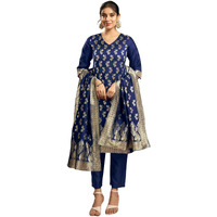 Sanisa Women's Silk Blend Jacquard Work Straight Kurta With Pant And Dupatta Set (135Kbd1451N-S_Navy Blue & Golden)