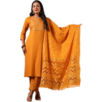 Ishin Women's Viscose Rayon Yoke Design Mustard Straight Kurta Suit Set With Trousers And Dupatta