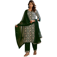 Sanisa Women's Crepe Floral Printed Straight Kurta With Pant And Dupatta Set (231Kbd2443N-L_Green & Beige & Multi)