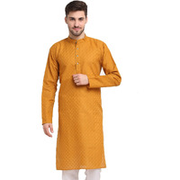 Jompers Men Green Ethnic Embroidered Pure Cotton Kurtas. (Mustard, L)