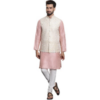 Sojanya (Since 1958 Men's Silk Blend Pink Kurta And Off-White Pyjama With Cream Nehru Jacket