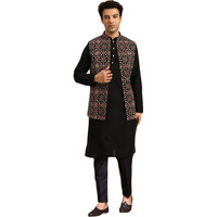 Kisah Men's Cotton Blend Full Sleeves Regular Fit Printed Black Kurta Jacket Trousers Set, 44