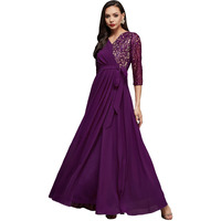Miss Chase Women's V-Neck Three-Quarter Sleeve Self-Designed Wrap Maxi Georgette Dress (Mcss23D98-60-289-03, Dark Purple, S)