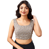 Womanista Women's Polyester Solid Sleeveless Regular Fit Sequinned Blouse (Bl_76_Grey S)