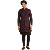 Kisah Sherwani Set For Men  Silk Blend Woven Jacquard Indo Western Sherwani With Kurta And Trouser | Designer Ethnic Outfit For Weddings & Festivals, Burgundy, 42