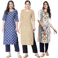 Pinkmint Women's Crepe Printed Kurta Pant Straight Kurta Set For Women(Pack Of 3)