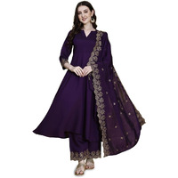 Pratham Blue Women's Silk Embroidered Anarkali Kurta With Palazzos And Dupatta (Pb-6151-M_Purple)