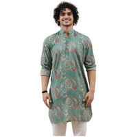 Leriya Fashion Rayon Men's Kurta || Ethnic Printed Kurta For Perfect Ethnic Look || Stand Collar Long Sleeve Kurta For Men || Casual Printed Kurta For Men || Regular Long Men's Kurta. (Small, Green)